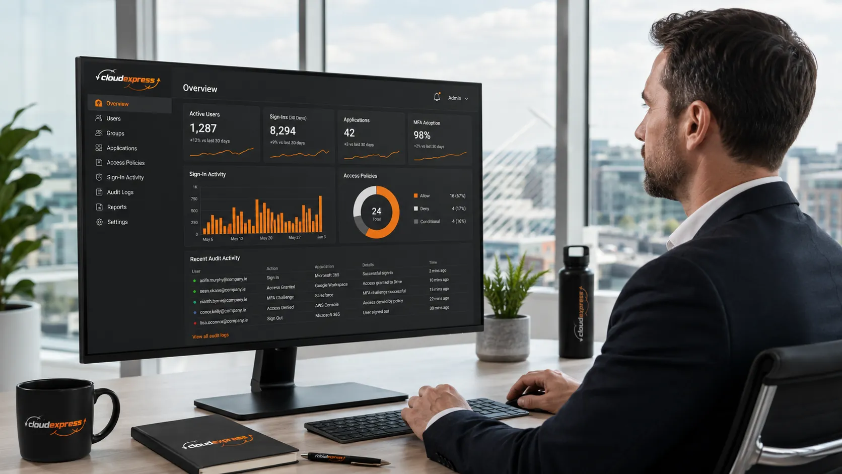 Irish business professional viewing analytics dashboard on widescreen monitor in bright modern office