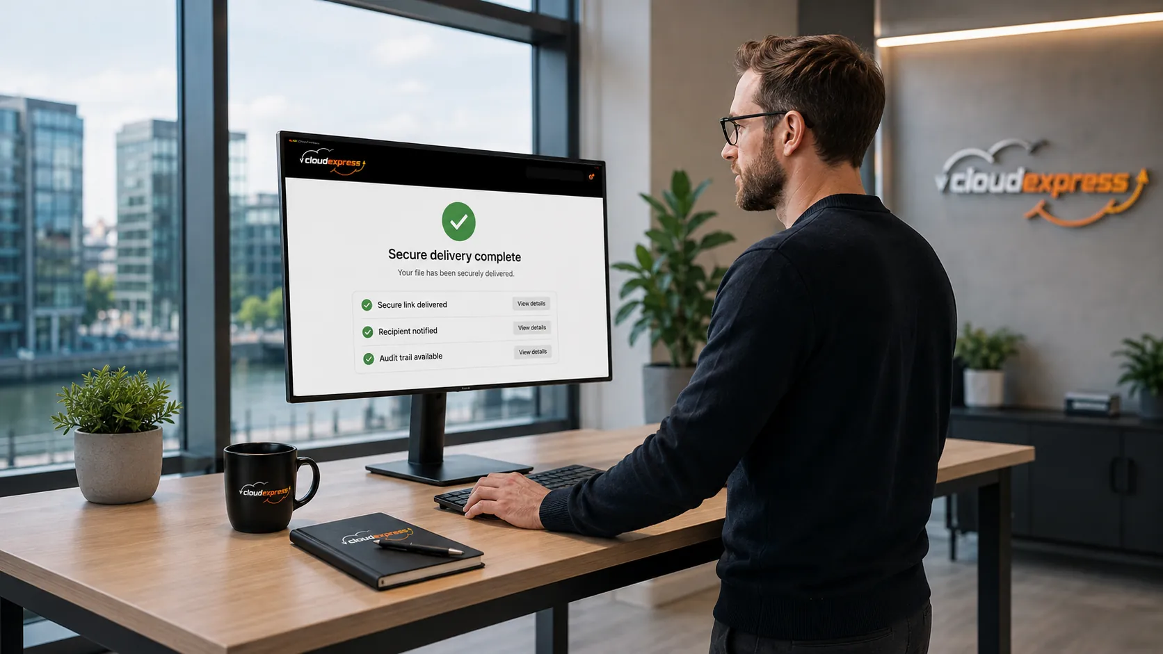 Team member at a standing desk in a bright Irish office with a secure file delivery confirmation on screen