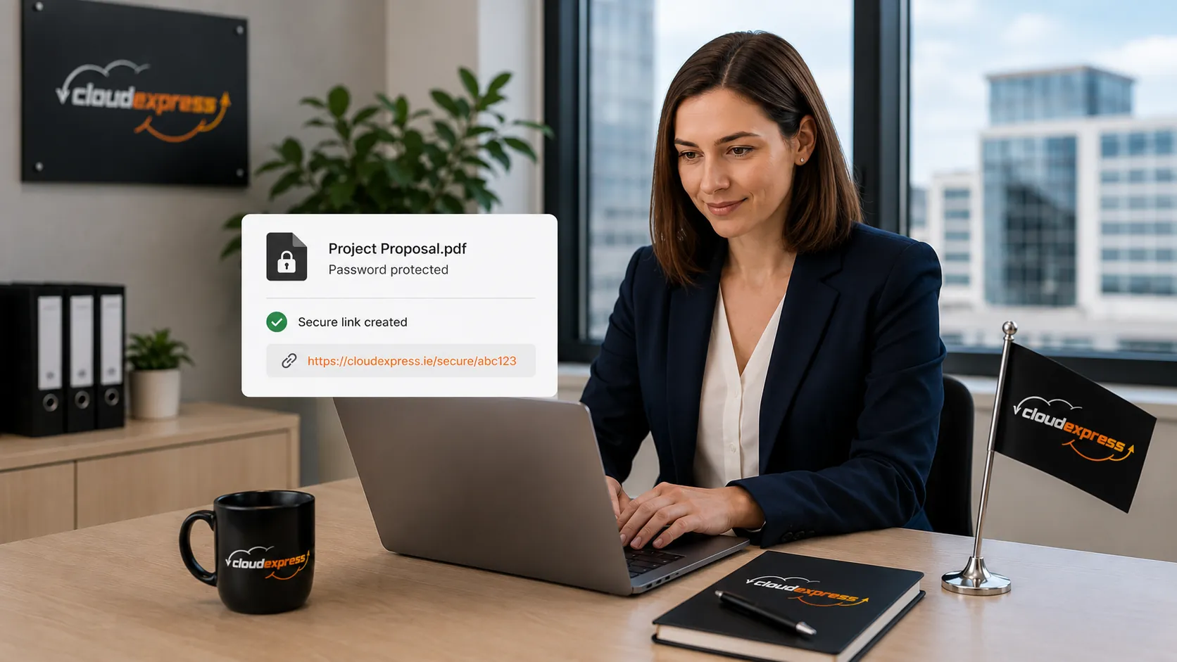 Business professional in an Irish office sharing password protected files securely on a laptop