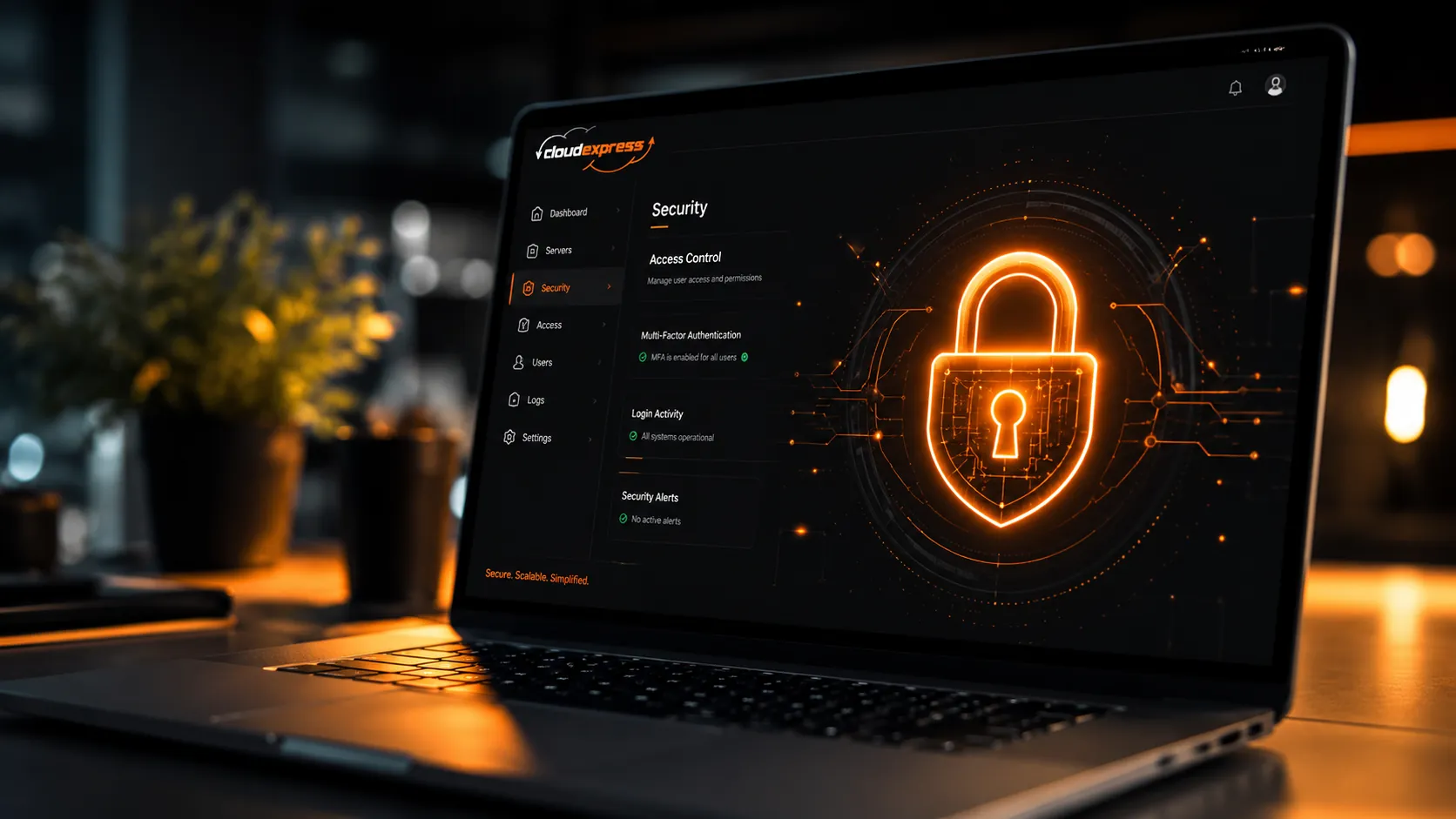 Digital padlock icon on blurred laptop screen representing cybersecurity and access control