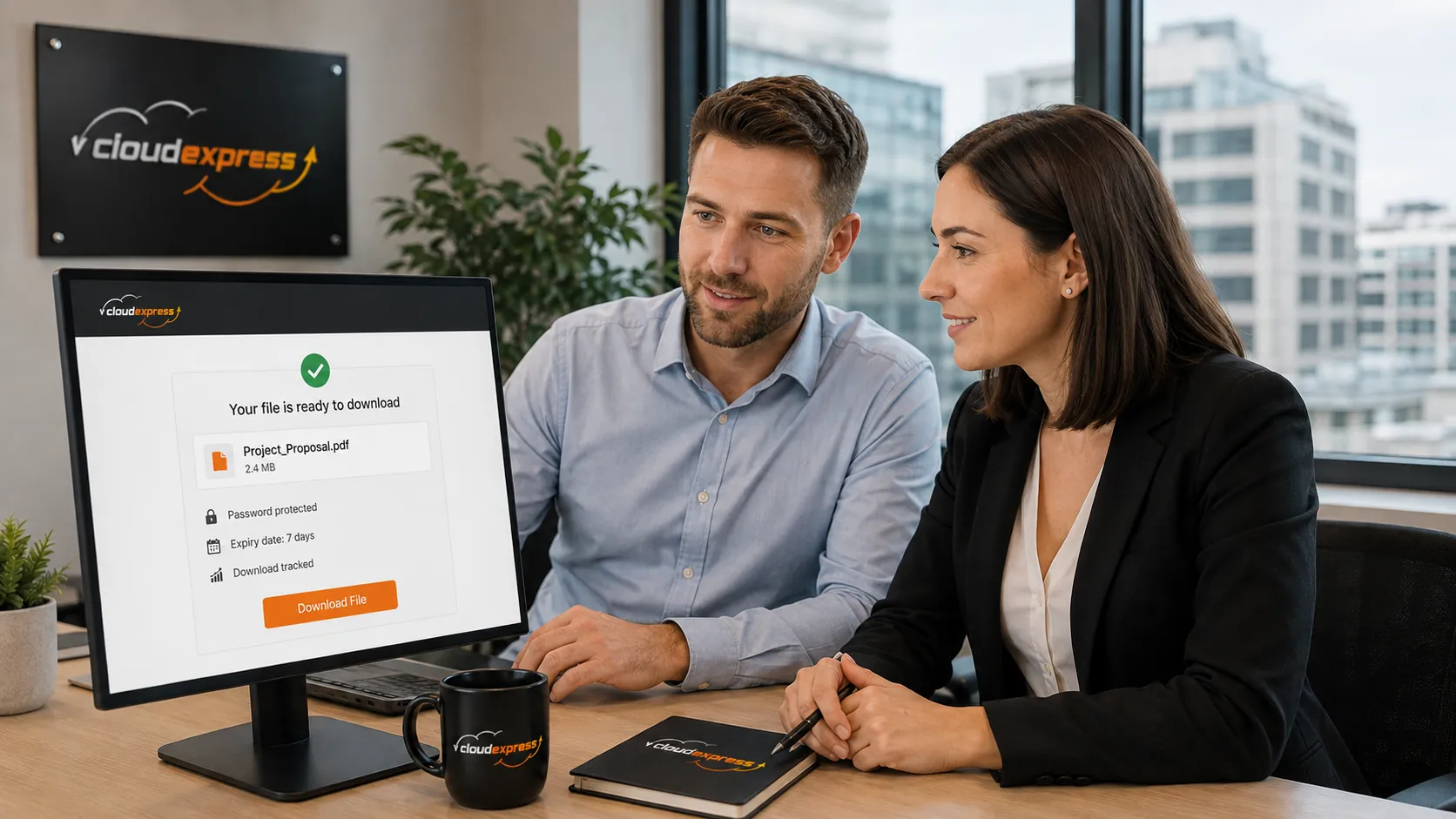 Two colleagues reviewing a file download notification on screen in an Irish office